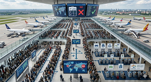 Busy airport terminal for flight reschedule assistance