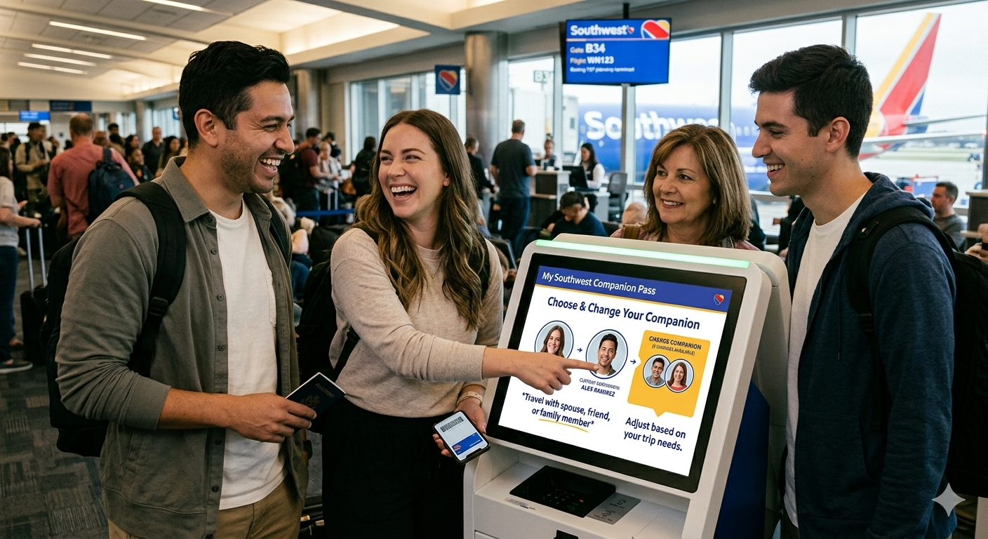 "Travelers using a kiosk to check in for a flight with the Southwest Companion Pass."