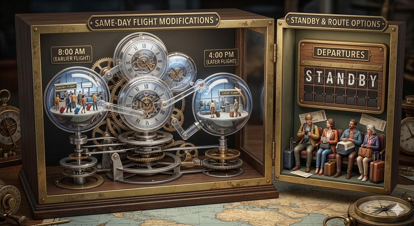 Artistic display of same-day airlines change flight and standby options.