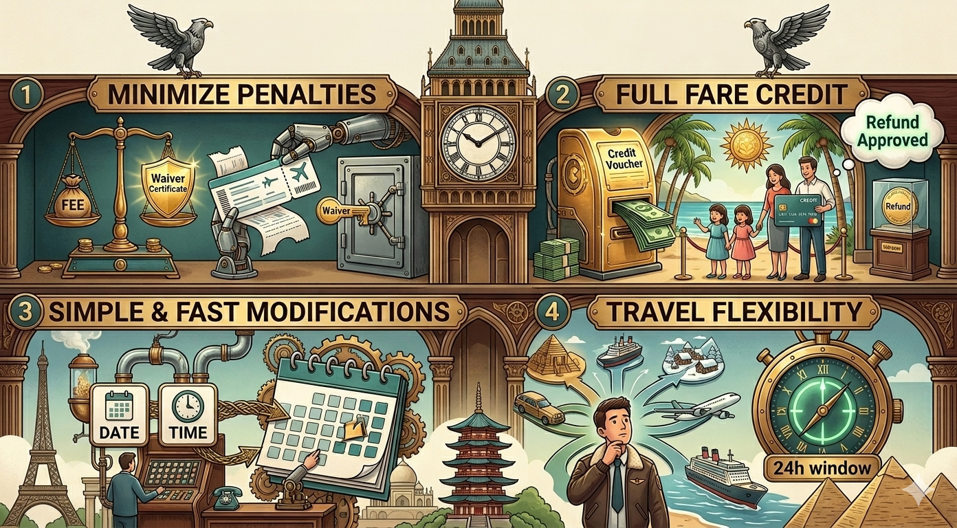 Illustrated guide showing benefits of our airlines change flight assistance.