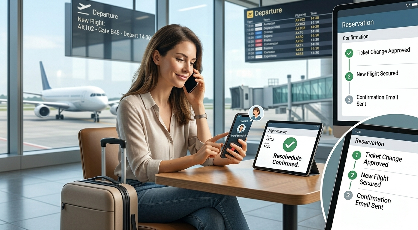 Traveler using mobile app for airlines change flight and booking updates.